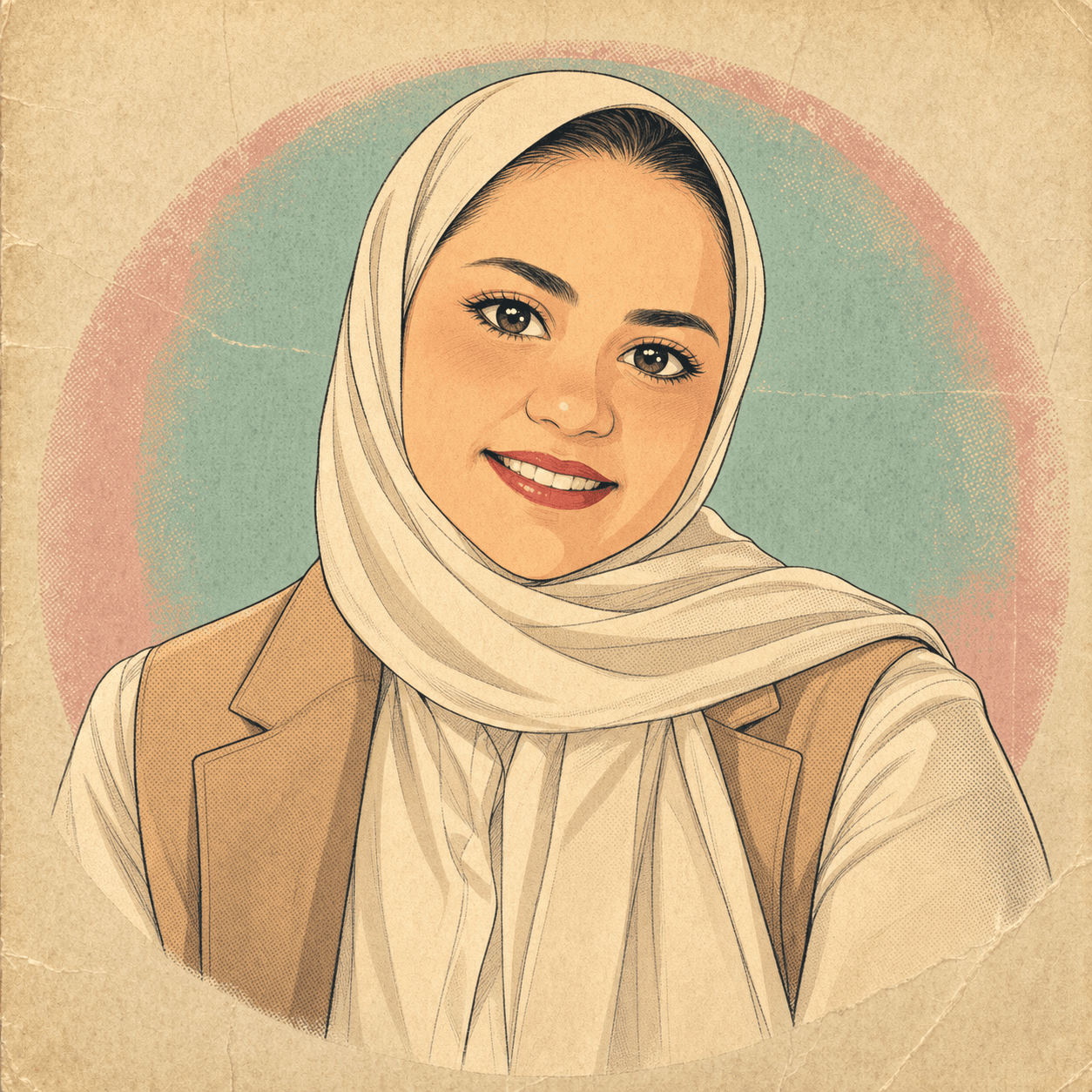 Vintage anime and manga-style illustrated portrait of Asma Hasan